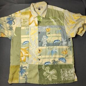 Tommy Bahama Shirt Mens Large Silk Green Tropical Patchwork Palm Hawaiian Camp